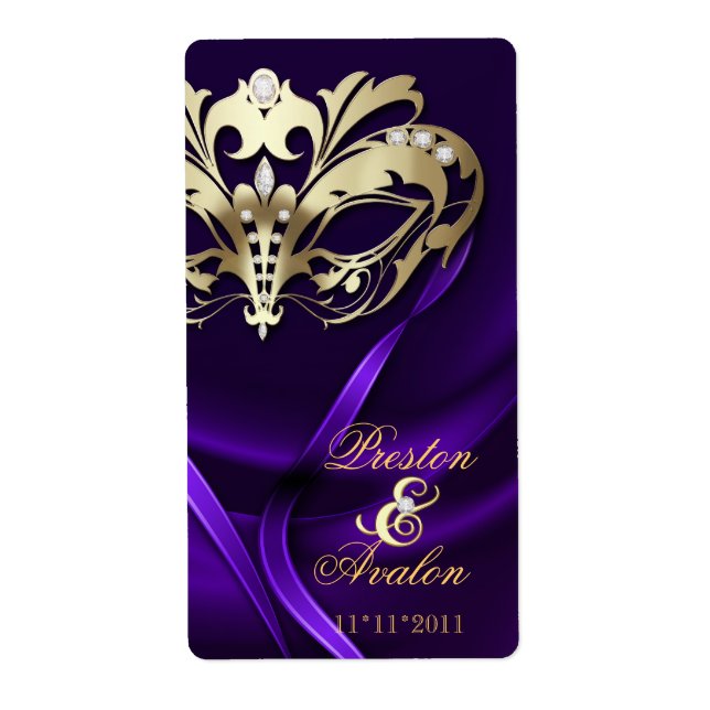 Gold Masquerade Purple Jewelled Wedding Wine Label (Front)