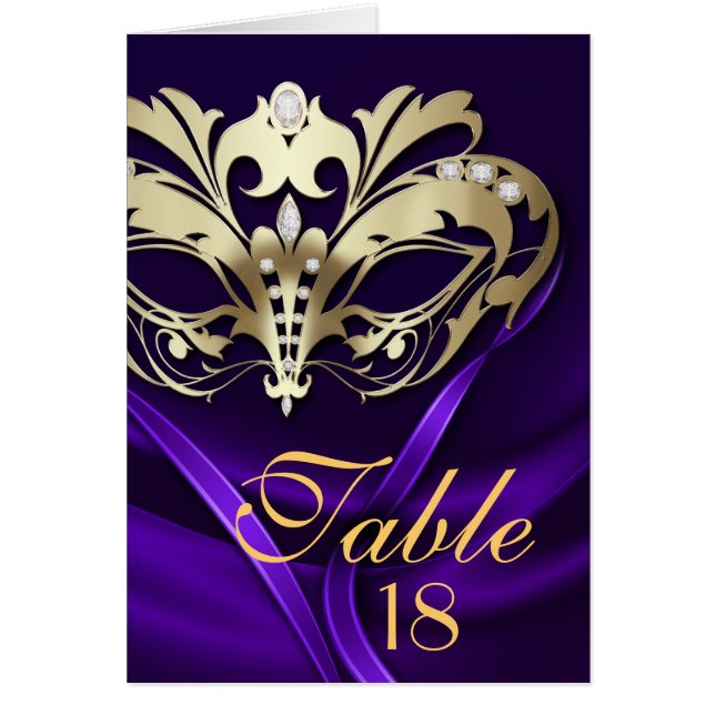 Gold Masquerade Purple Table Number Card (Front)