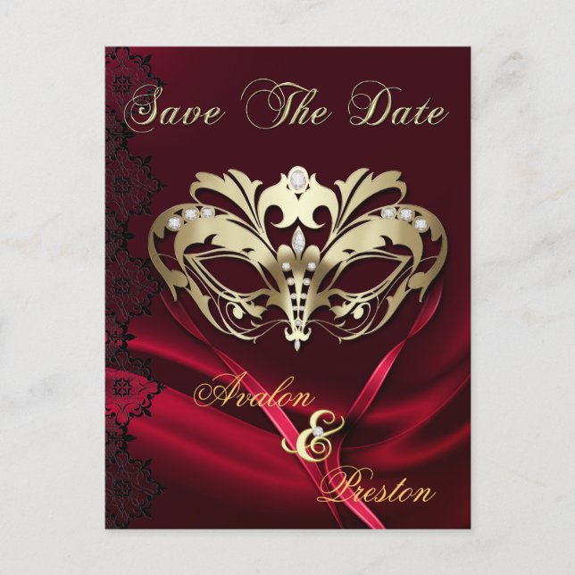 Gold Masquerade Red Jewel Save The Date Postcard (Front)