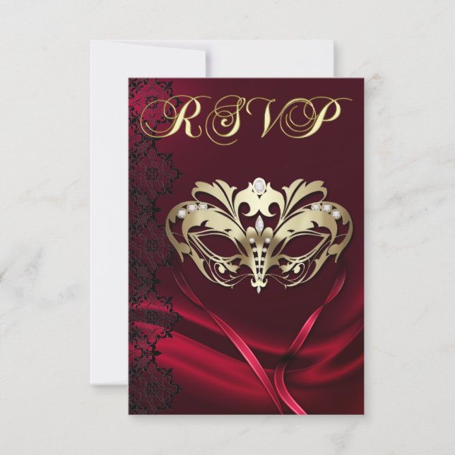 Gold Masquerade Red Jewelled RSVP Invitation (Front)