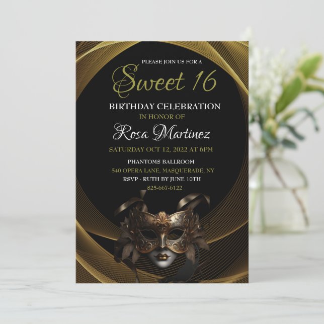 Gold Masquerade Sweet 16 Invitation (Standing Front)