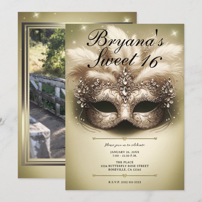 Gold Masquerade Sweet 16 Photo Birthday Invitation (Front/Back)