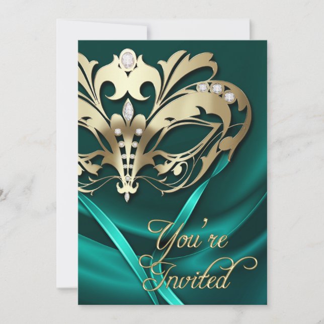 Gold Masquerade Teal Jewelled Party Invitation (Front)