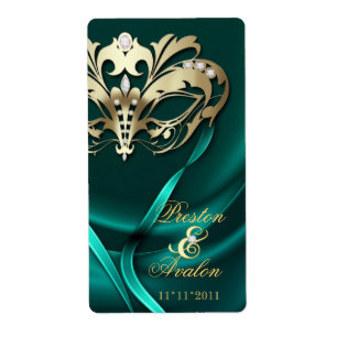 Gold Masquerade Teal Jewelled Wedding Wine Label