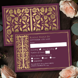 Gold Mauve Mediaeval Sword Wedding RSVP Card