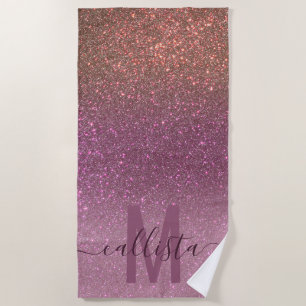 Gold Mauve Purple Sparkly Glitter Ombre Monogram Beach Towel