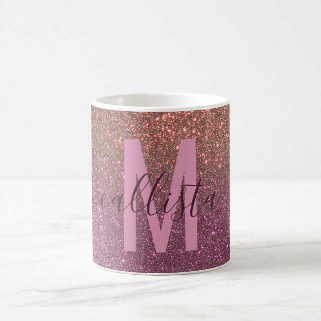 Gold Mauve Purple Sparkly Glitter Ombre Monogram Coffee Mug (Center)