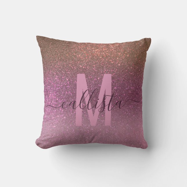 Gold Mauve Purple Sparkly Glitter Ombre Monogram Cushion (Front)