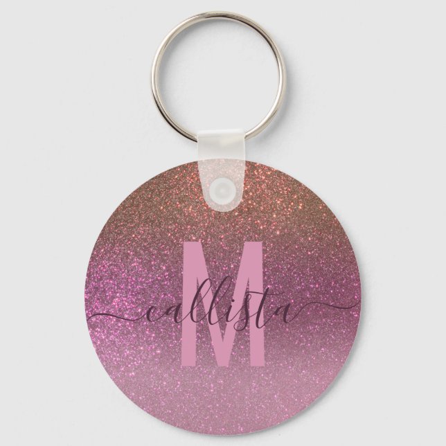 Gold Mauve Purple Sparkly Glitter Ombre Monogram Key Ring (Front)
