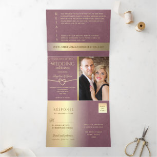 Gold Mauve Purple Wedding Tri-Fold Invitation
