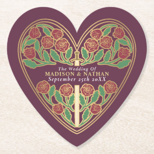 Gold Mauve Royal Mediaeval Floral Sword Wedding Paper Coaster