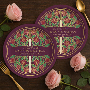 Gold Mauve Royal Mediaeval Floral Sword Wedding Paper Plate