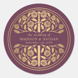 Gold Mauve Royal Mediaeval Sword Wedding Classic Round Sticker