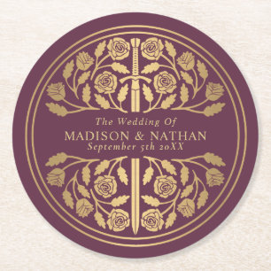 Gold Mauve Royal Mediaeval Sword Wedding Round Paper Coaster