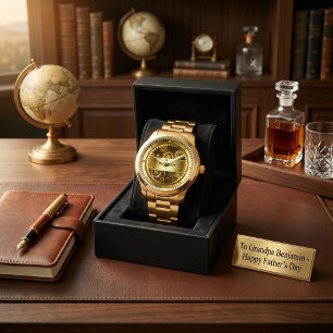 Gold Mechanical Gear Grandpa Monogram Father's Day Watch
