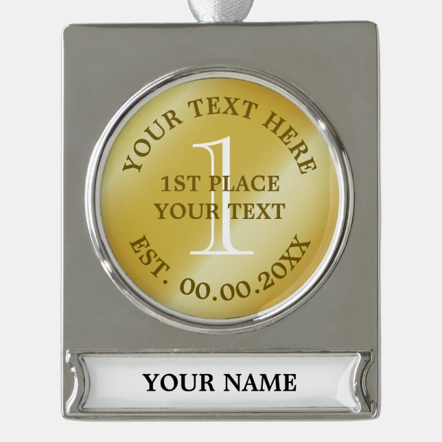Gold medal first place champion winner medallion silver plated banner ornament (Front)