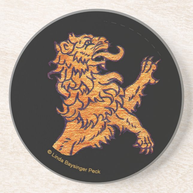 Gold Mediaeval Lion on Black Coaster (Front)