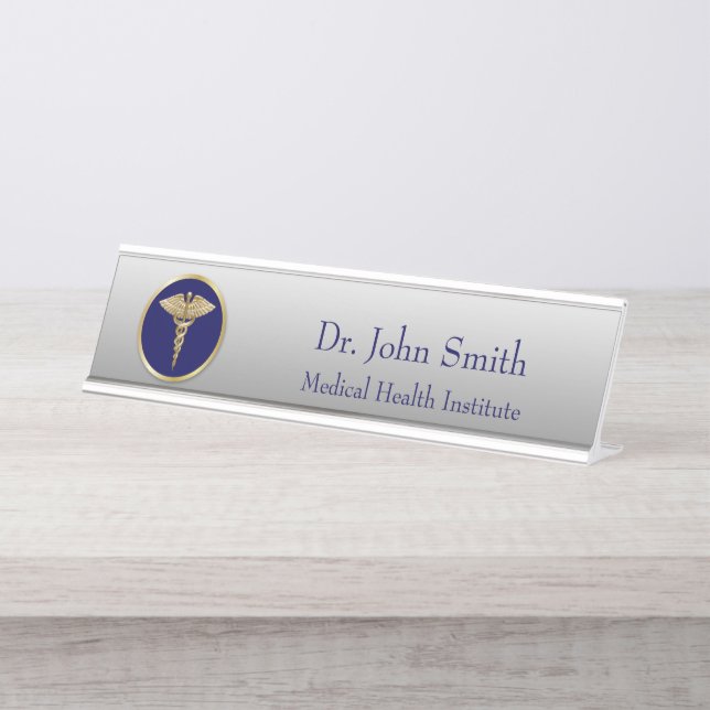 Gold Medical Caduceus Blue Professional Desk Name Plate (Front)