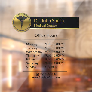 Gold Medical Caduceus Emblem Opening Hours Window Cling