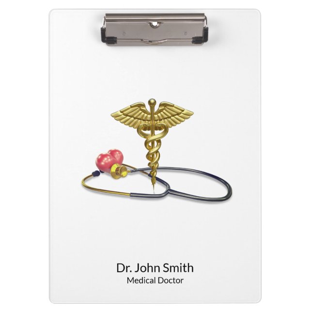 Gold Medical Caduceus & Stethoscope with Heart Clipboard (Front)