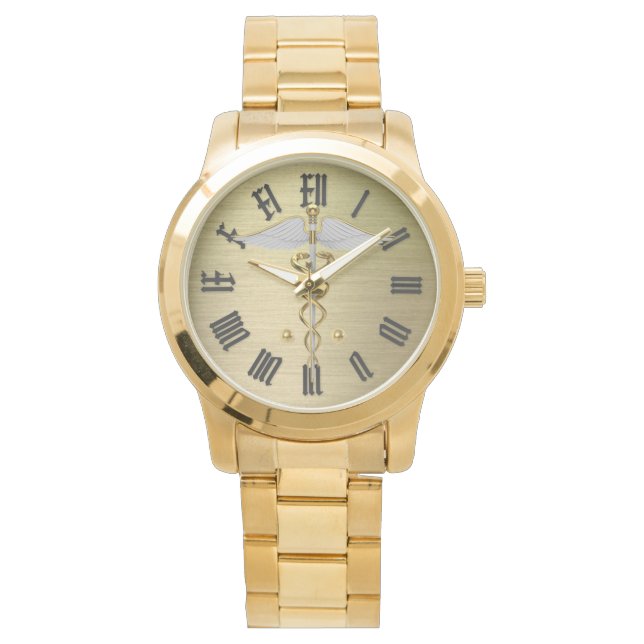 gold medical caduceus symbol watch (Front)