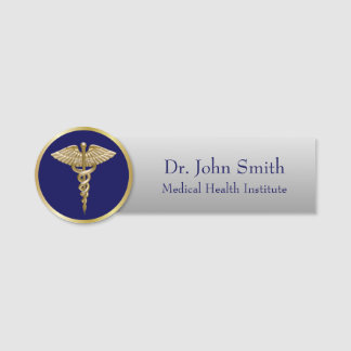 Gold Medical Professional Caduceus Blue Name Tag