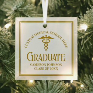 Gold Medical School Graduation Custom Christmas Glass Tree Decoration