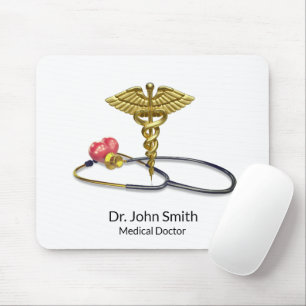 Gold Medical Stethoscope & Caduceus with Heart Mouse Mat