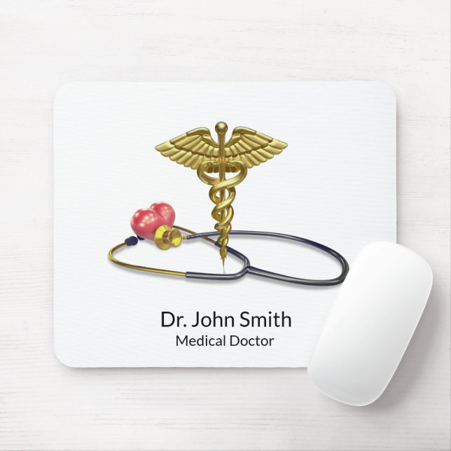 Gold Medical Stethoscope & Caduceus with Heart Mouse Mat (With Mouse)