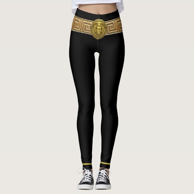 Gold Medusa and Greek Key on Black Leggings (Front)