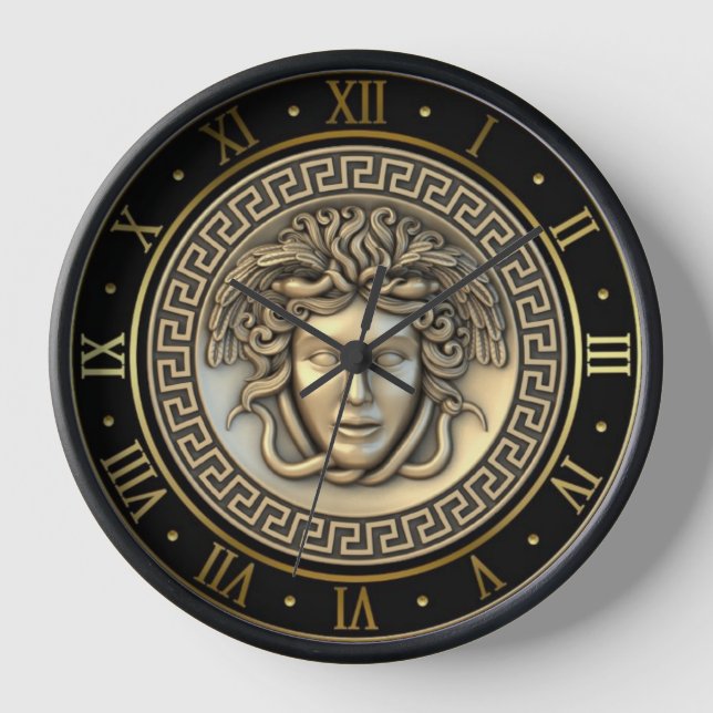 Gold Medusa Gorgon Greek Key Roman Numeral Clock (Front)