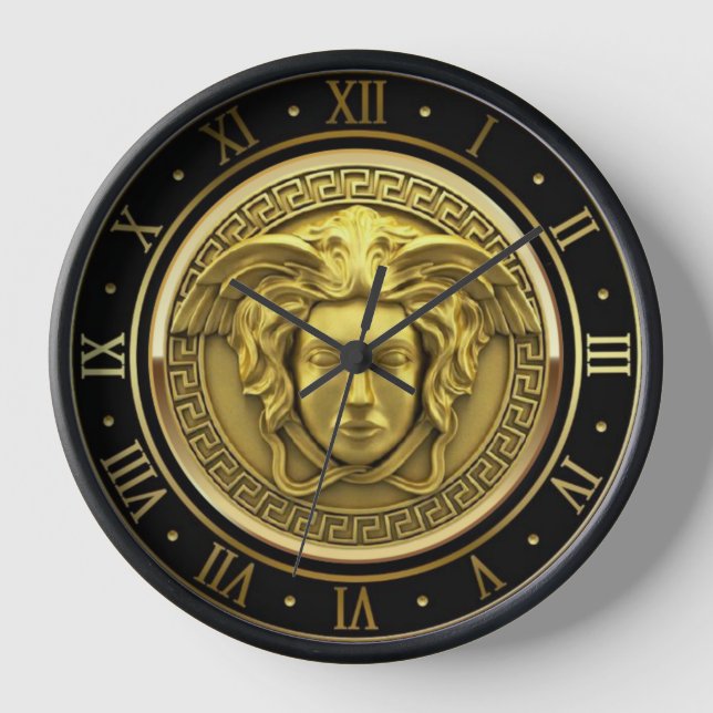 Gold Medusa Gorgon Greek Key Roman Numeral Clock (Front)