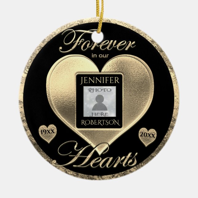 Gold Memorial Add Photo Ceramic Tree Decoration (Front)