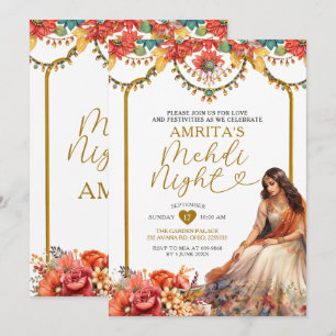 Gold Menhdi Night Indian Dholki Paskitan Floral Invitation