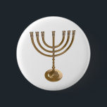 gold menorah 6 cm round badge<br><div class="desc">Menora, channukah, gold metallic, hannukah, hebrew, holidays, jew, jewish, judaism, menorah, chanukah, hannuka, channuka, christmukah, christmukkah, judaica rabbi</div>