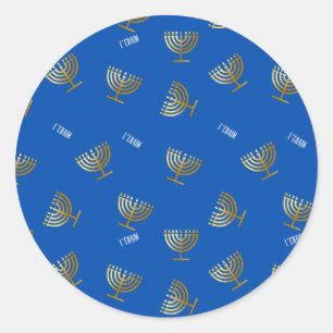 Gold Menorah and L'chaim Blue Classic Round Sticker