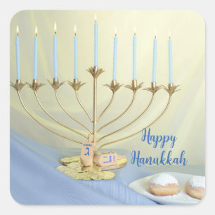 Gold Menorah, Coins & Dreidels Happy Hanukkah Square Sticker