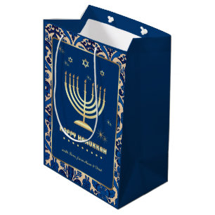 Gold Menorah   Custom Name Hanukkah  Medium Gift Bag