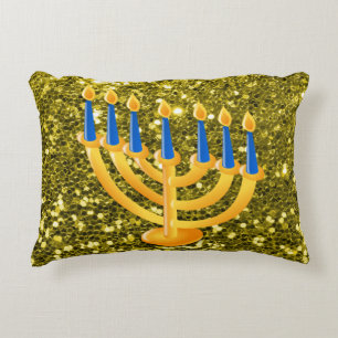 Gold Menorah Gold Faux Glitter Decorative Cushion
