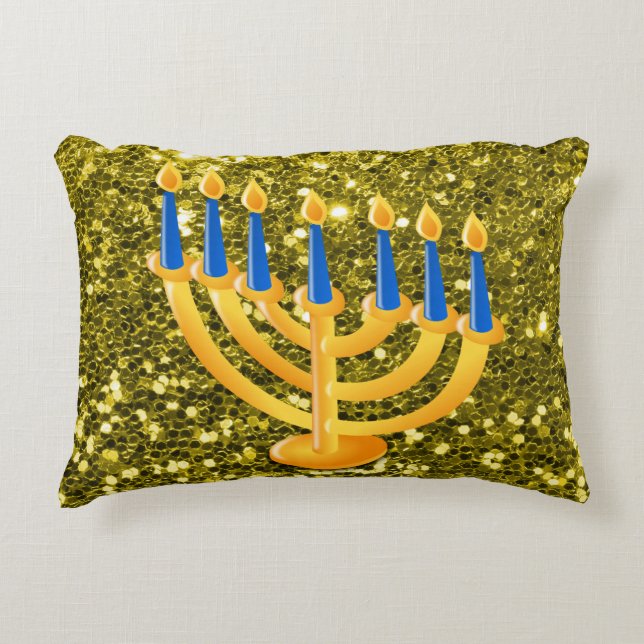 Gold Menorah Gold Faux Glitter Decorative Cushion (Front)