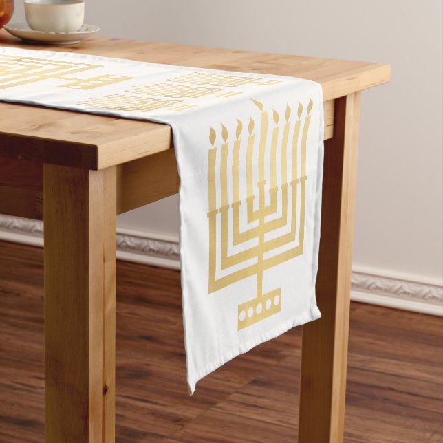 Gold Menorah Hanukkah Stylish Holiday Decor Long Table Runner (In Situ)