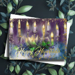 Gold Menorah Happy Hanukkah Purple Blue Foil Holiday Card<br><div class="desc">Gold Menorah Happy Hanukkah</div>