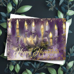 Gold Menorah Happy Hanukkah Purple Foil Holiday Card<br><div class="desc">Gold Menorah Happy Hanukkah</div>