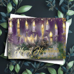 Gold Menorah Happy Hanukkah Purple Green Foil Holiday Card<br><div class="desc">Gold Menorah Happy Hanukkah</div>