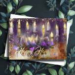 Gold Menorah Happy Hanukkah Purple Peach Foil Holiday Card<br><div class="desc">Gold Menorah Happy Hanukkah</div>