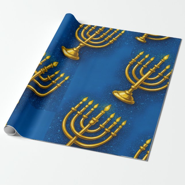 Gold Menorah on Sparkly Blue Background Hanukkah Wrapping Paper (Unrolled)