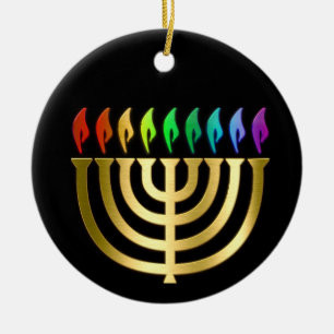Gold Menorah Rainbow Flames Hanukkah Ornament