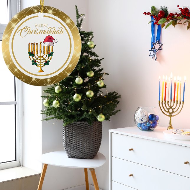 Gold Menorah Santa Hanukkah Merry Chrismukkah Ceramic Tree Decoration (Creator Uploaded)