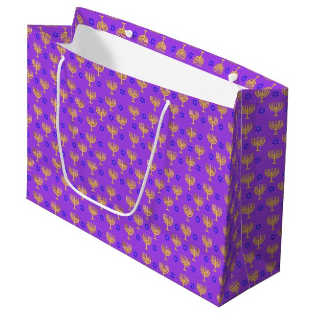 Gold Menorahs + Blue Stars Large Gift Bag (Front Angled)