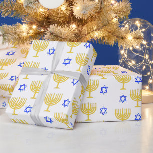 Gold Menorahs + Blue Stars Wrapping Paper
